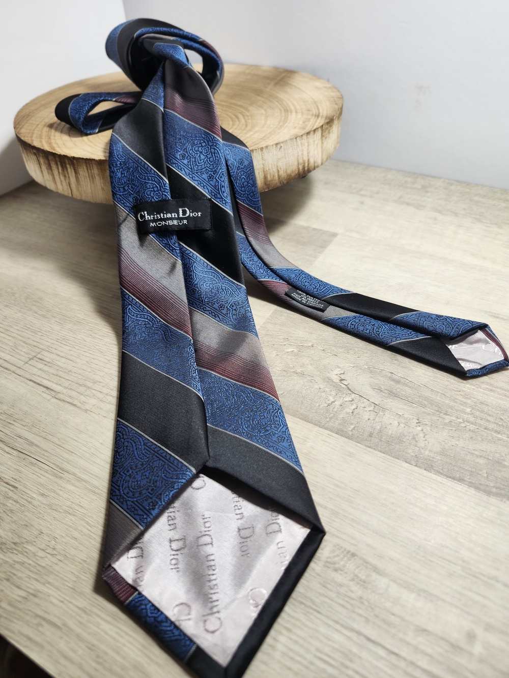 Dior Blue and Black Striped Polyester Tie